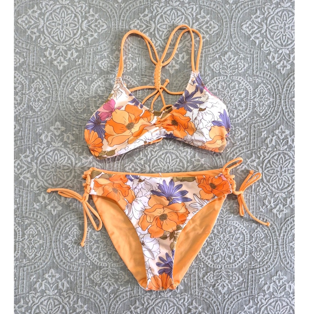 Cupshe Floral Bikini Set Orange Purple White Two Piece Swimsuit Medium